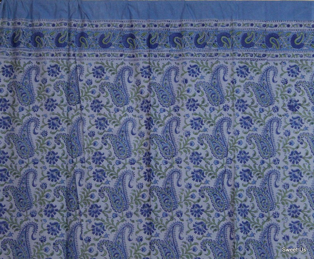 Block Print Paisley Floral Curtain Drape Blue Green 47x85 Cotton Door Panel
