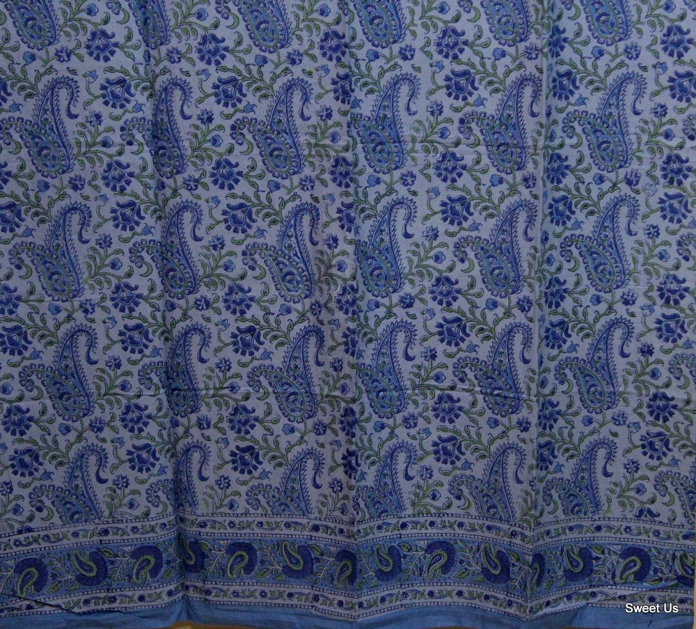 Block Print Paisley Floral Curtain Drape Blue Green 47x85 Cotton Door Panel