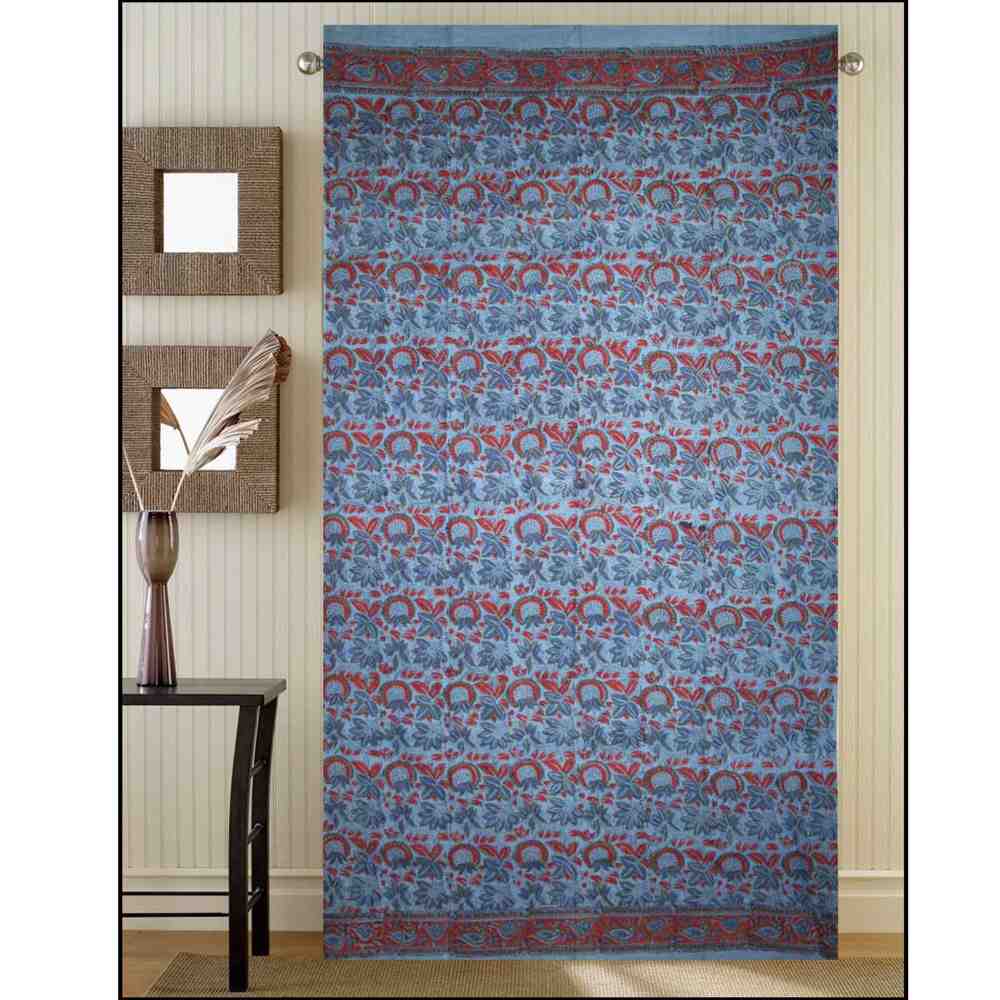 Block Printed Curtain Drape Floral Blue 45x84 Cotton Kitchen Door Panel