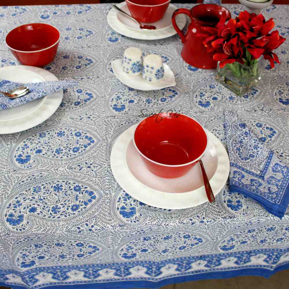 Princess Paisley Block Print Cotton Floral Tablecloth Rectangle, Serene Blue
