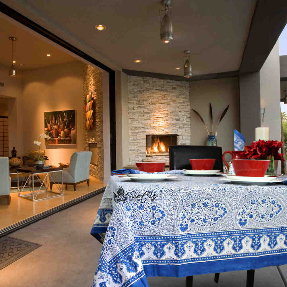 Princess Paisley Block Print Cotton Floral Tablecloth Rectangle, Serene Blue