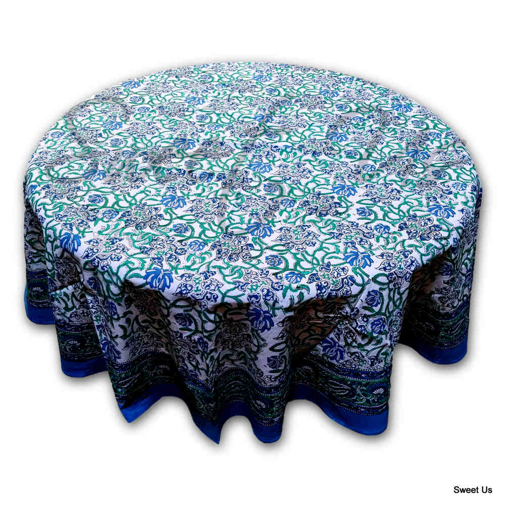 Block Print Paisley Tablecloth-Rectangle Square Round Table-Cotton Blue Green - Sweet Us