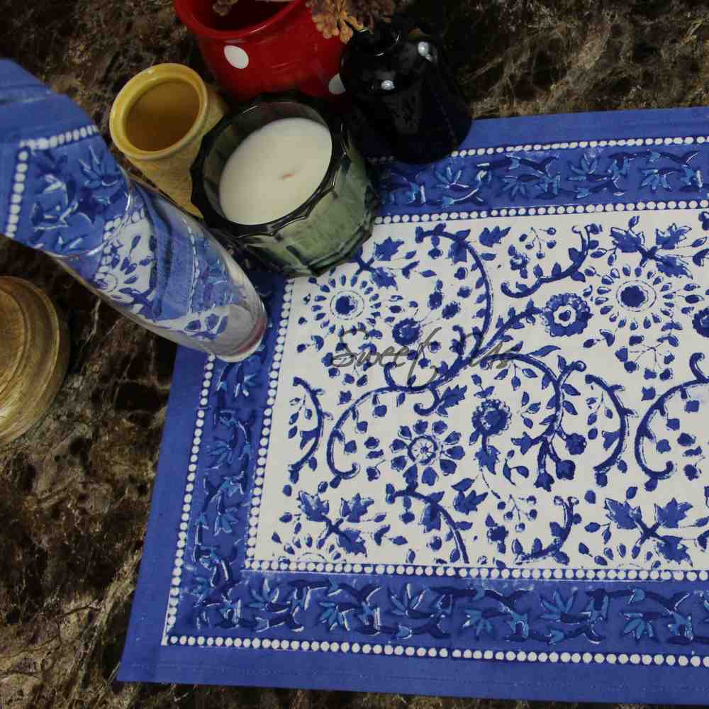 Begonia Floral Block Print Cotton Tablecloth Collection, Tiffany Blue