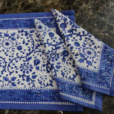 Floral Block Print Cotton Tablecloth Rectangle Blue White Square Linen