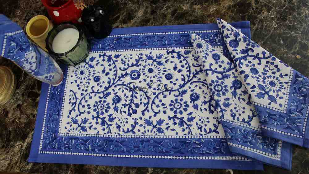 Begonia Floral Block Print Cotton Tablecloth Collection, Tiffany Blue