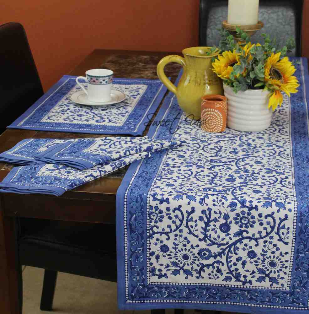 Begonia Floral Block Print Cotton Tablecloth Collection, Tiffany Blue