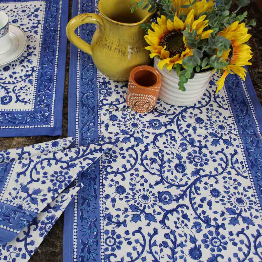 Begonia Floral Block Print Cotton Tablecloth Collection, Tiffany Blue