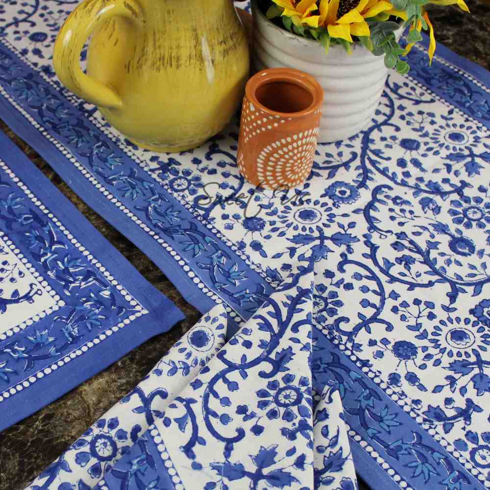 Begonia Floral Block Print Cotton Tablecloth Collection, Tiffany Blue