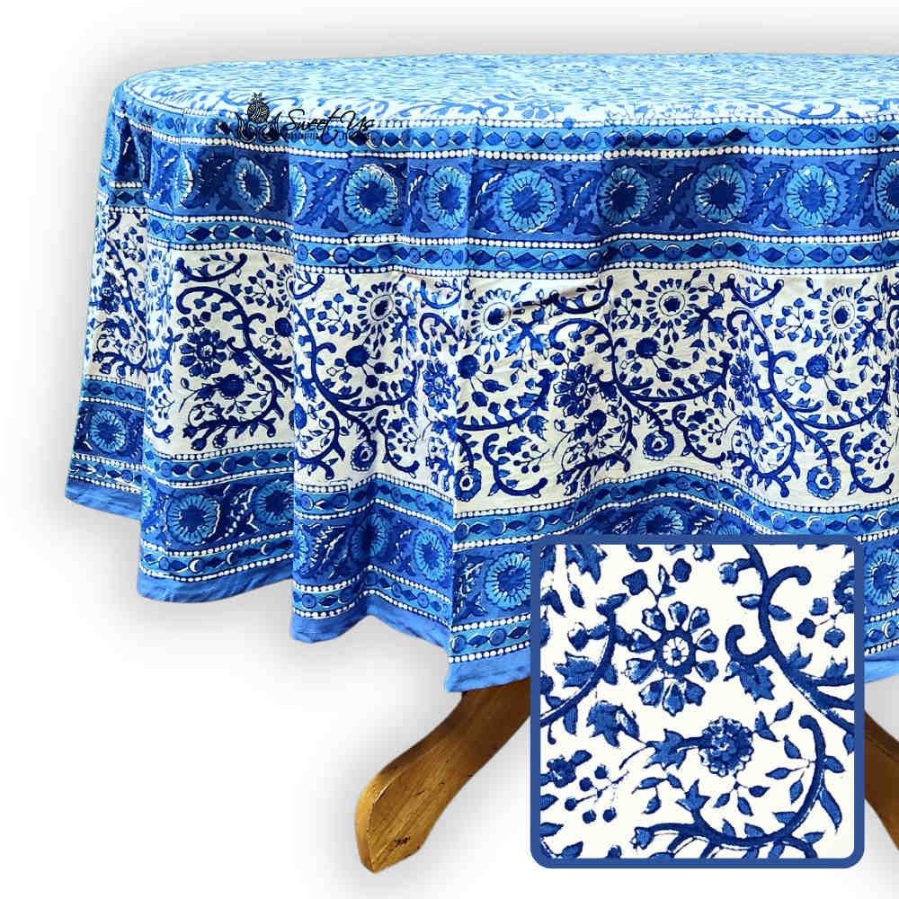 Begonia Floral Block Print Cotton Tablecloth Collection, Tiffany Blue