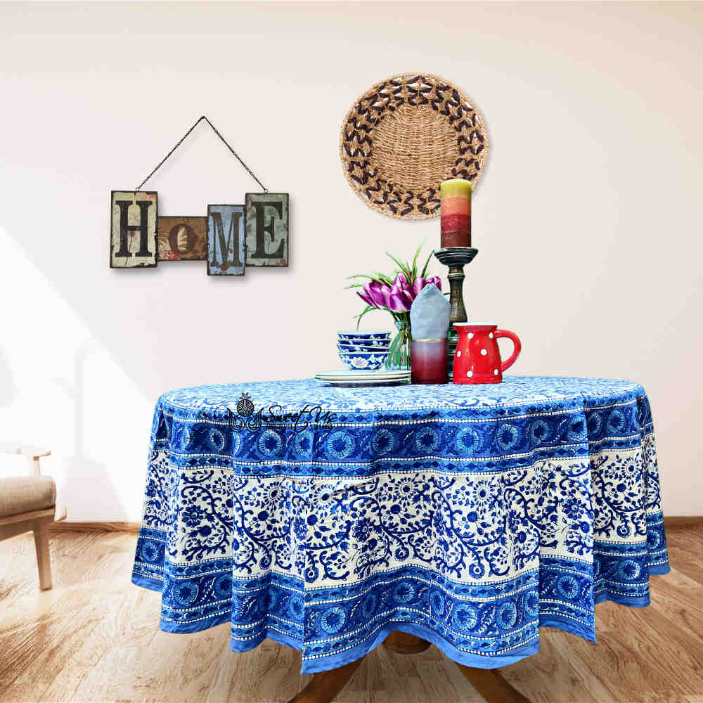 Begonia Floral Block Print Cotton Tablecloth Collection, Tiffany Blue