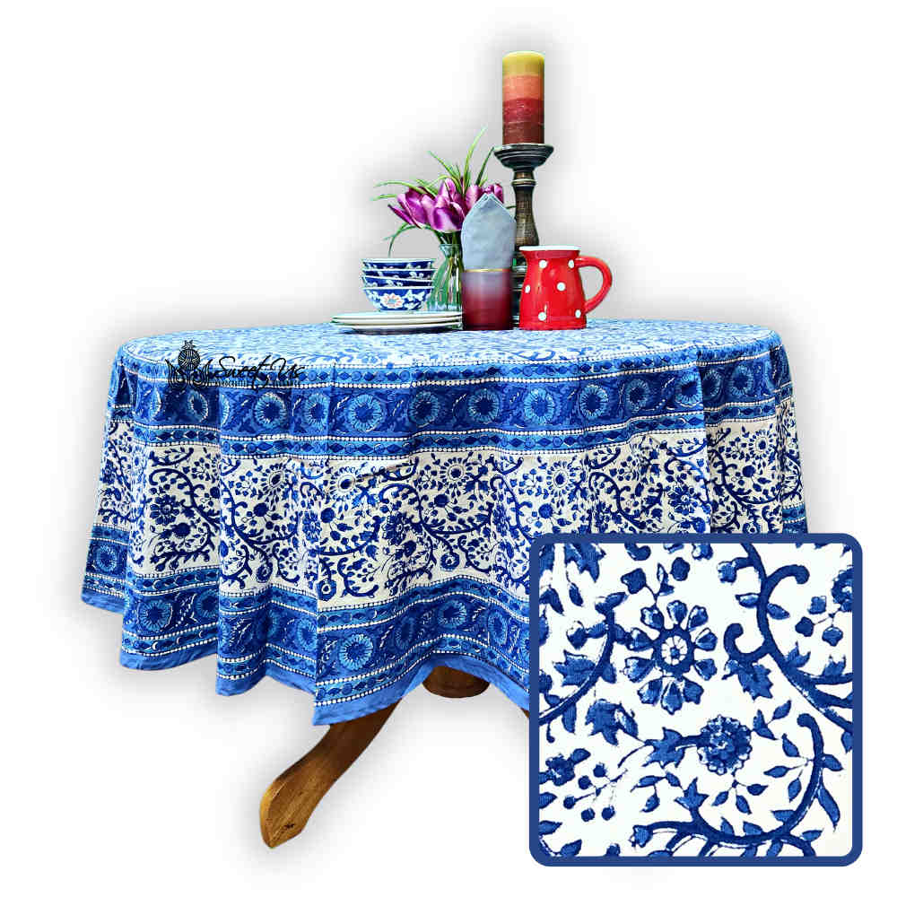 Begonia Floral Block Print Cotton Tablecloth Collection, Tiffany Blue