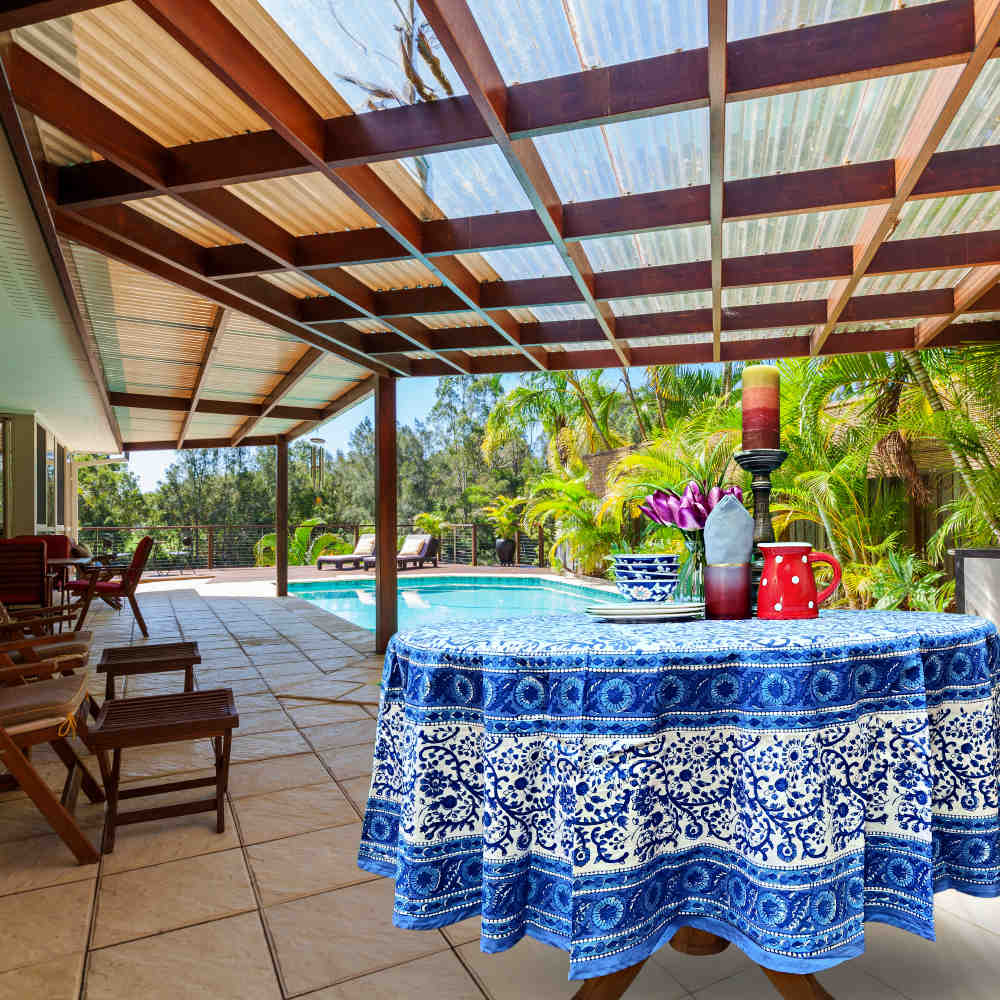 Begonia Floral Block Print Cotton Tablecloth Collection, Tiffany Blue