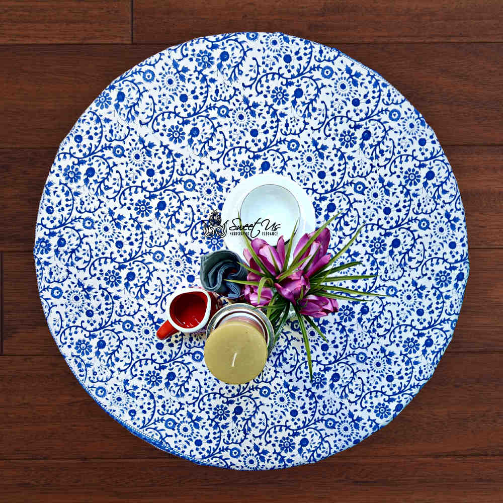 Begonia Floral Block Print Cotton Tablecloth Collection, Tiffany Blue