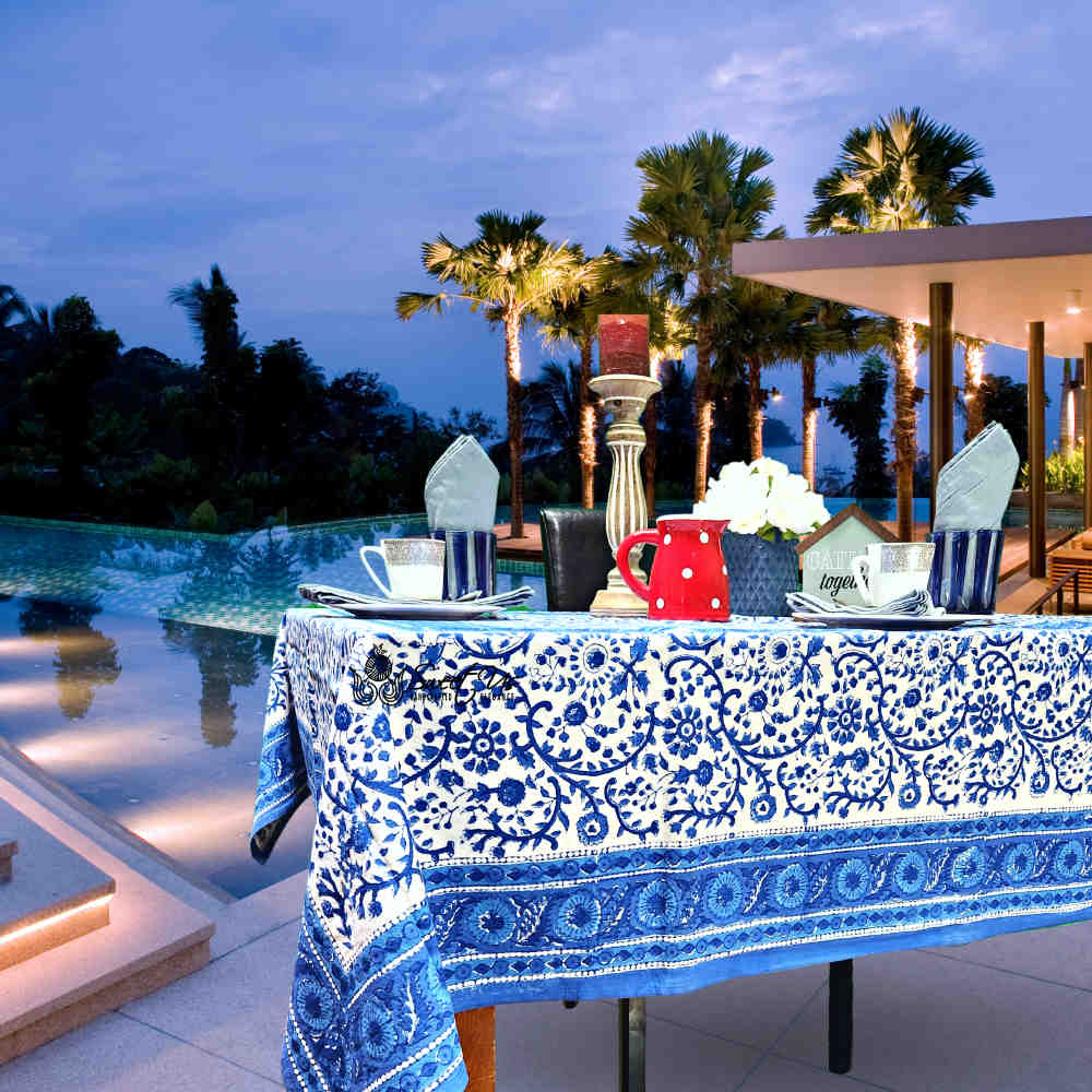 Begonia Floral Block Print Cotton Tablecloth Collection, Tiffany Blue - Sweet Us