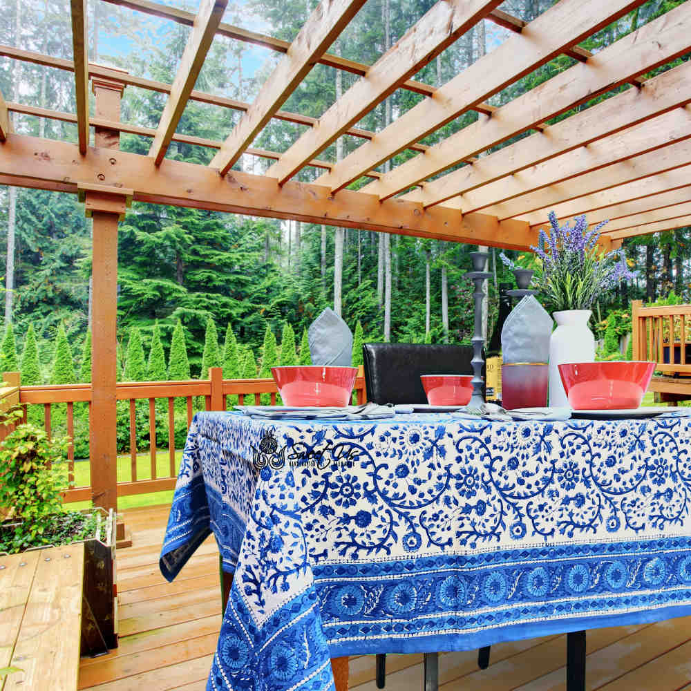 Begonia Floral Block Print Cotton Tablecloth Collection, Tiffany Blue