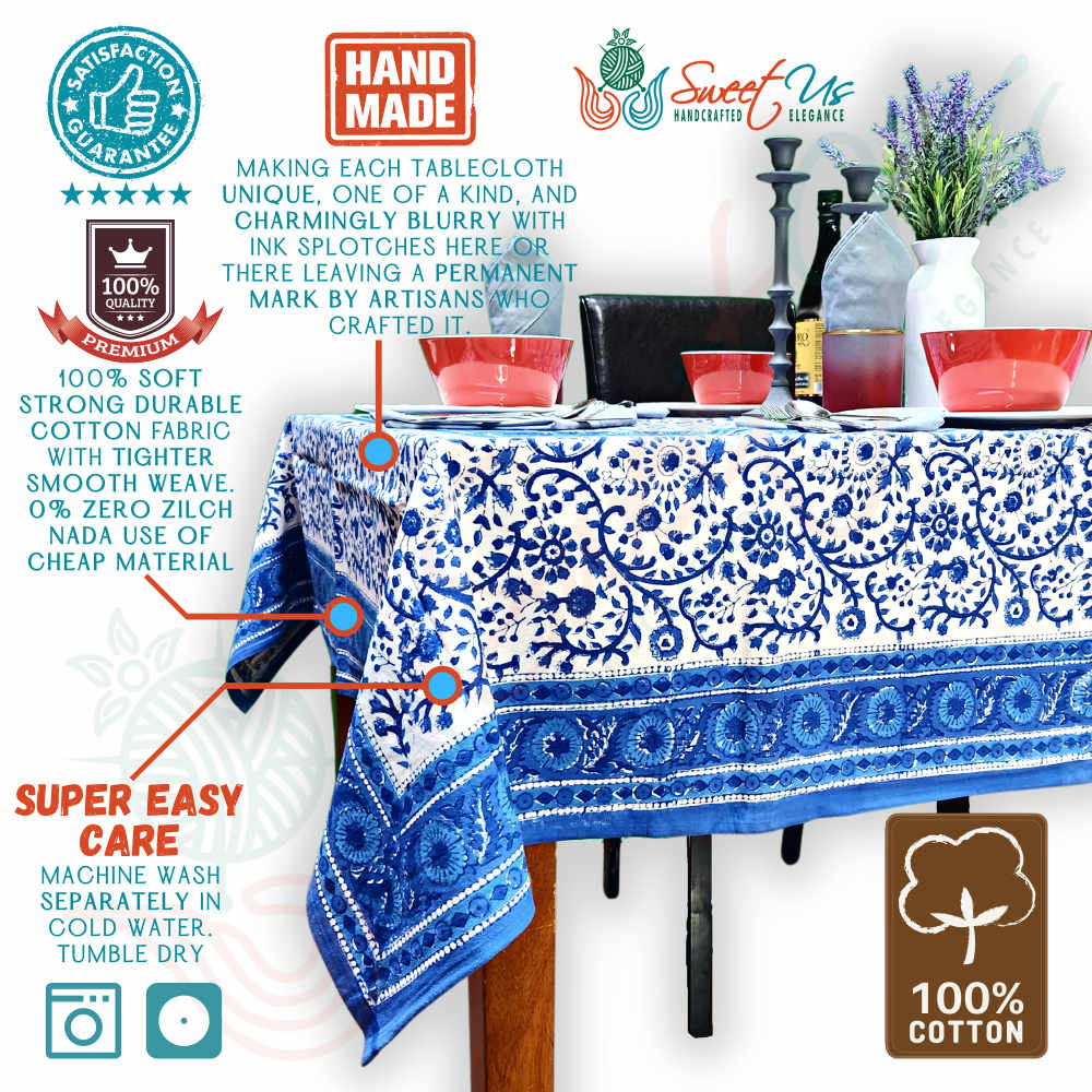 Begonia Floral Block Print Cotton Tablecloth Collection, Tiffany Blue