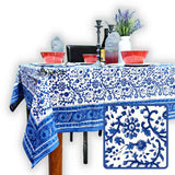 Floral Block Print Cotton Tablecloth Rectangle Blue White Square Linen