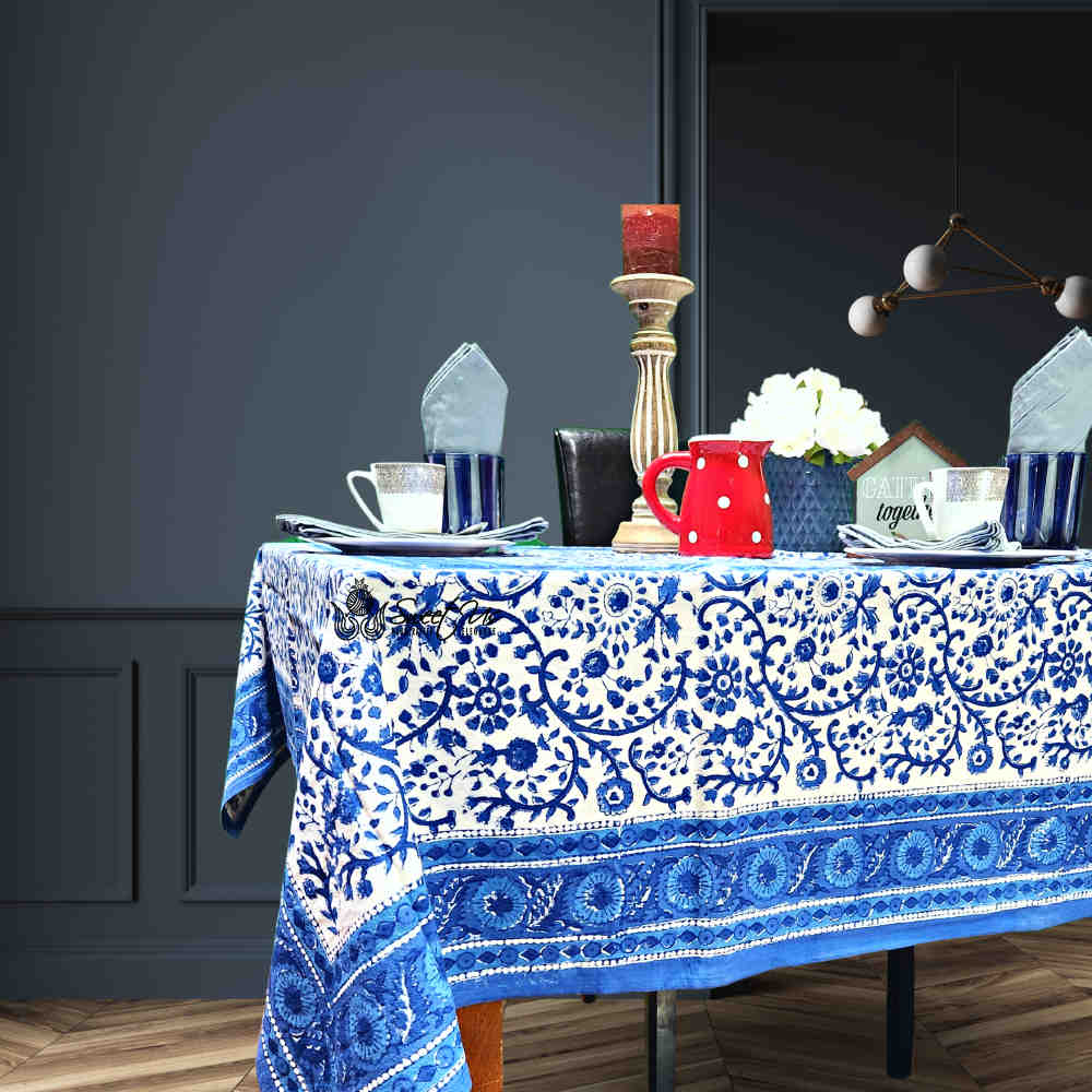 Begonia Floral Block Print Cotton Tablecloth Collection, Tiffany Blue