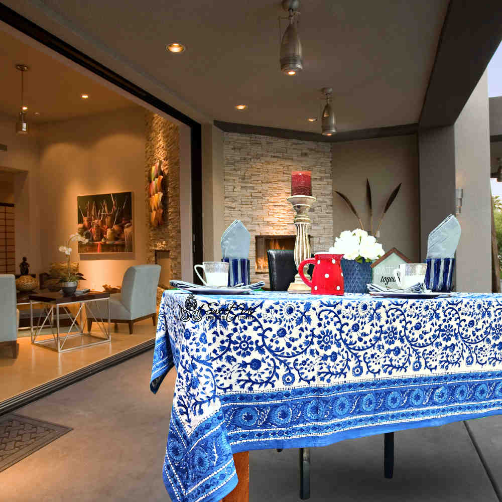 Begonia Floral Block Print Cotton Tablecloth Collection, Tiffany Blue - Sweet Us