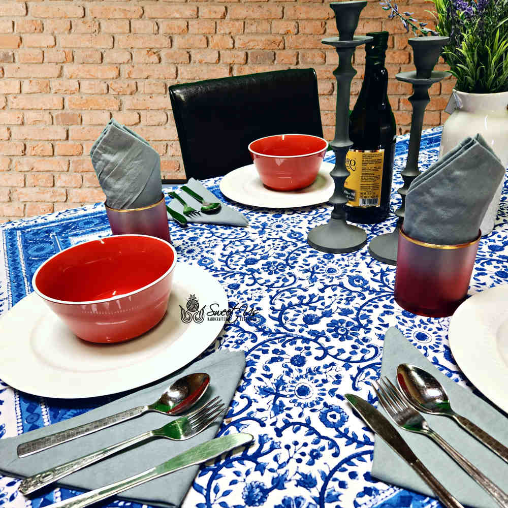 Begonia Floral Block Print Cotton Tablecloth Collection, Tiffany Blue