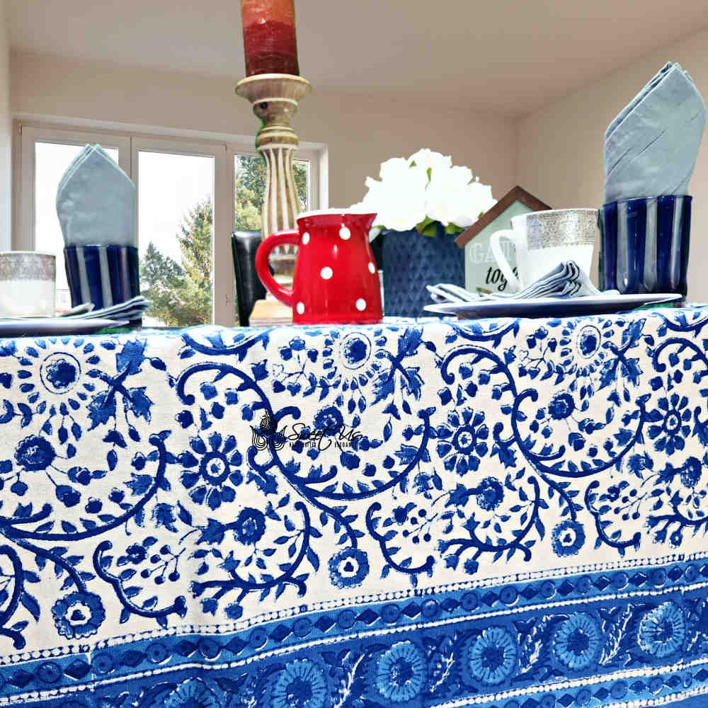 Begonia Floral Block Print Cotton Tablecloth Collection, Tiffany Blue