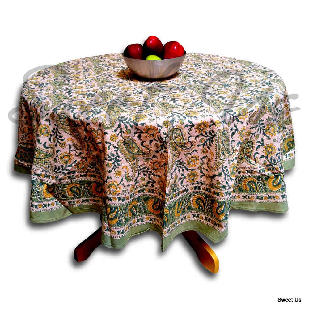 Floral Block Print Cotton Round Tablecloth Rectangle 60x90 Green Yellow Sq Linen - Sweet Us