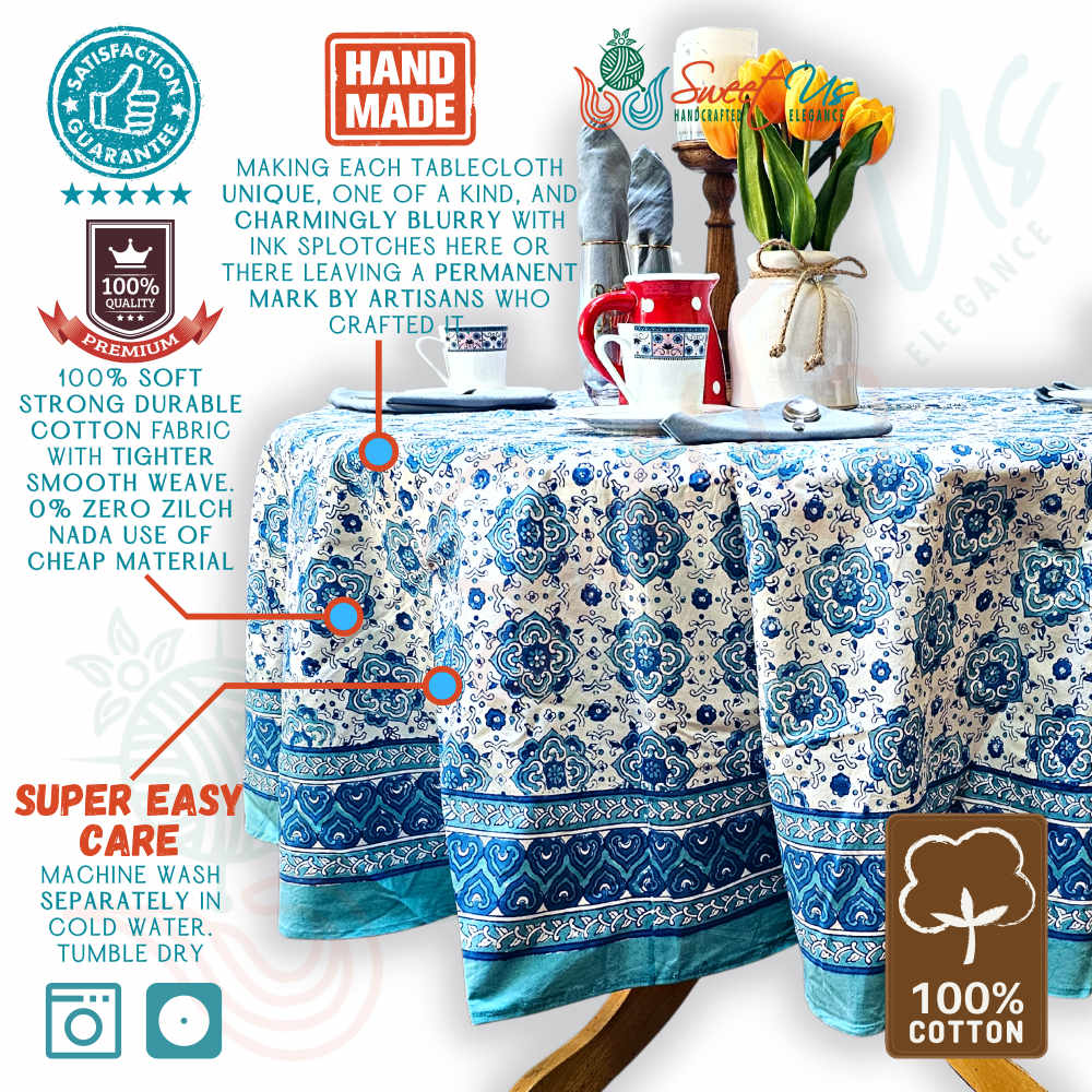 Cotton Springtime Splendor Tablecloth Collection, Ice Blue