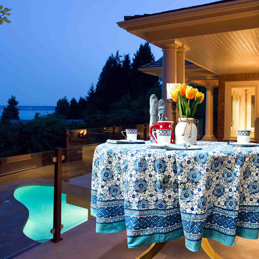 Cotton Springtime Splendor Tablecloth Collection, Ice Blue