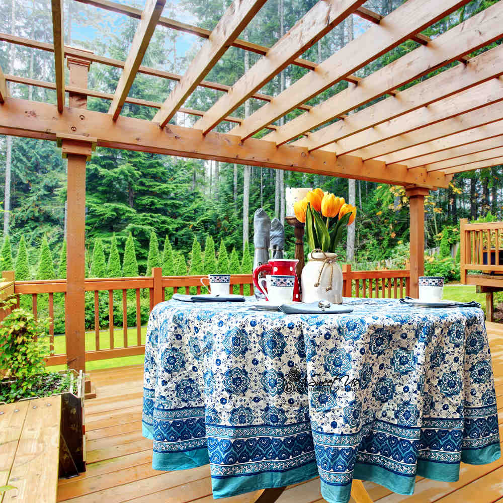 Cotton Springtime Splendor Tablecloth Collection, Ice Blue