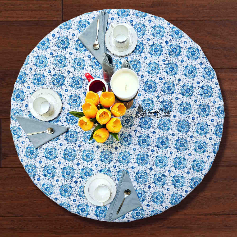 Cotton Springtime Splendor Tablecloth Collection, Ice Blue