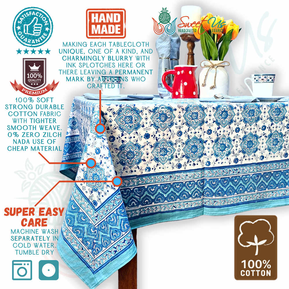 Cotton Springtime Splendor Tablecloth Collection, Ice Blue
