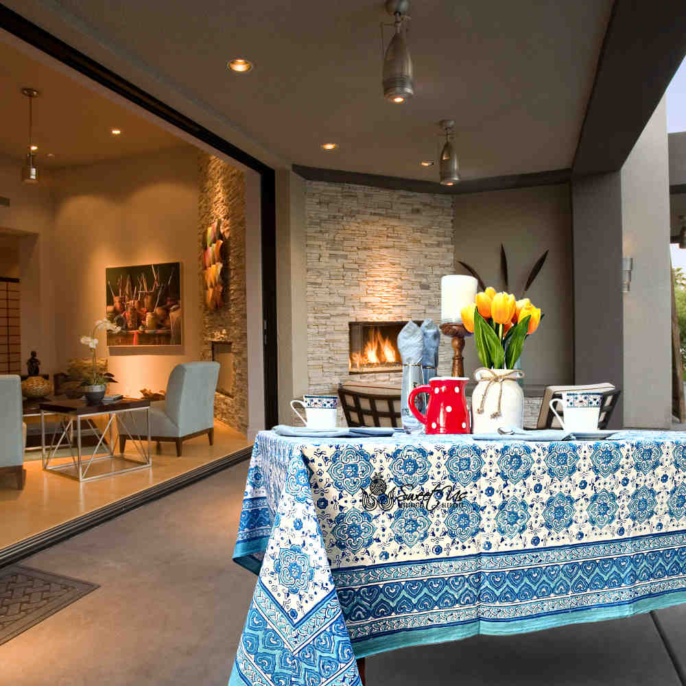 Cotton Springtime Splendor Tablecloth Collection, Ice Blue