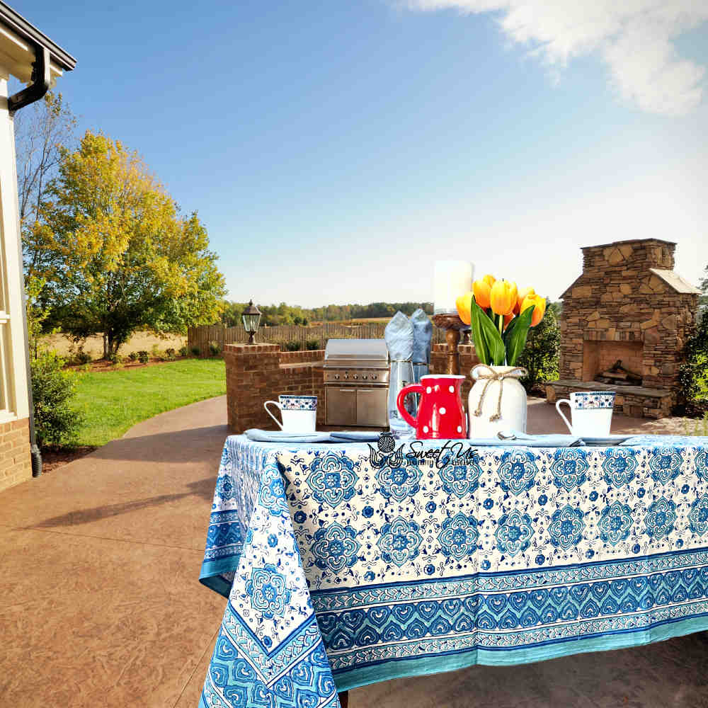 Cotton Springtime Splendor Tablecloth Collection, Ice Blue - Sweet Us