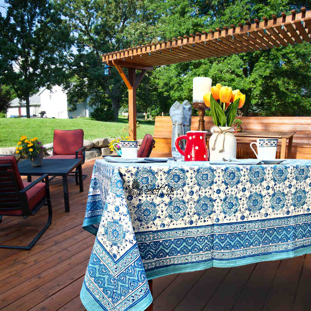 Cotton Springtime Splendor Tablecloth Collection, Ice Blue