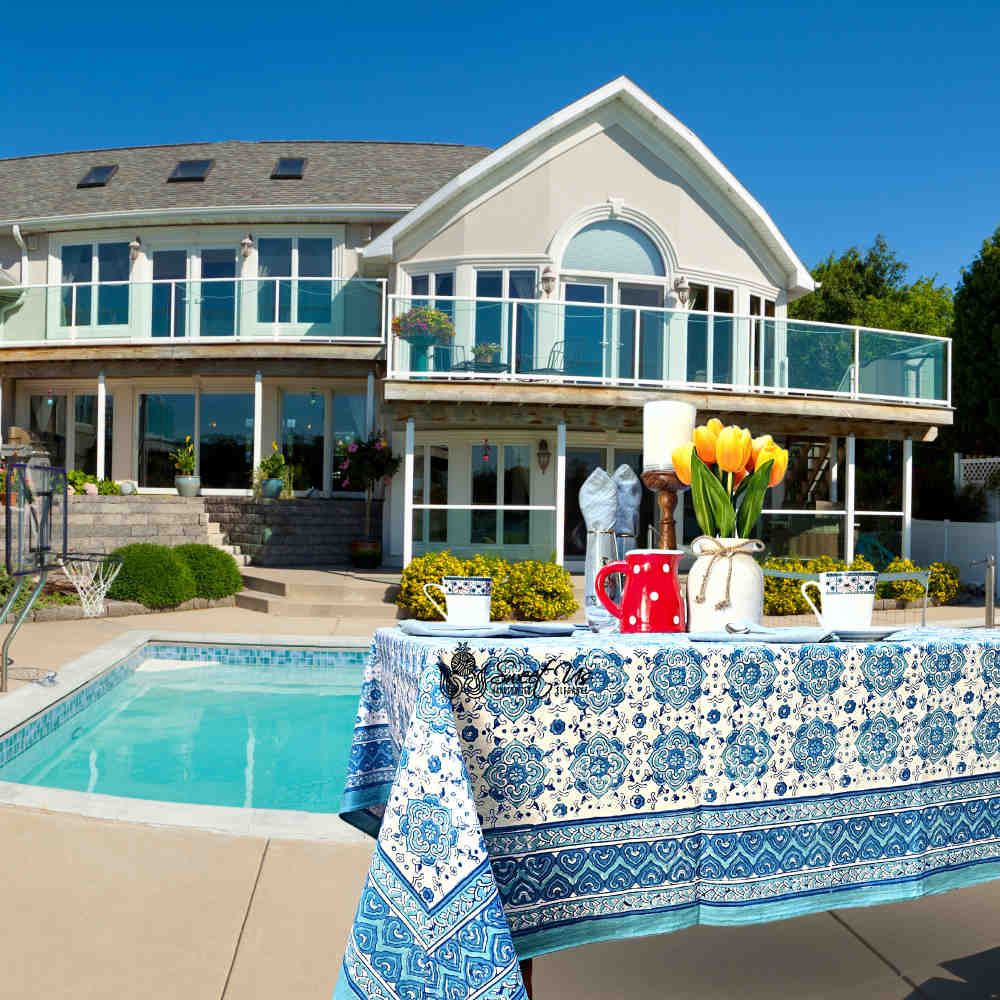 Cotton Springtime Splendor Tablecloth Collection, Ice Blue