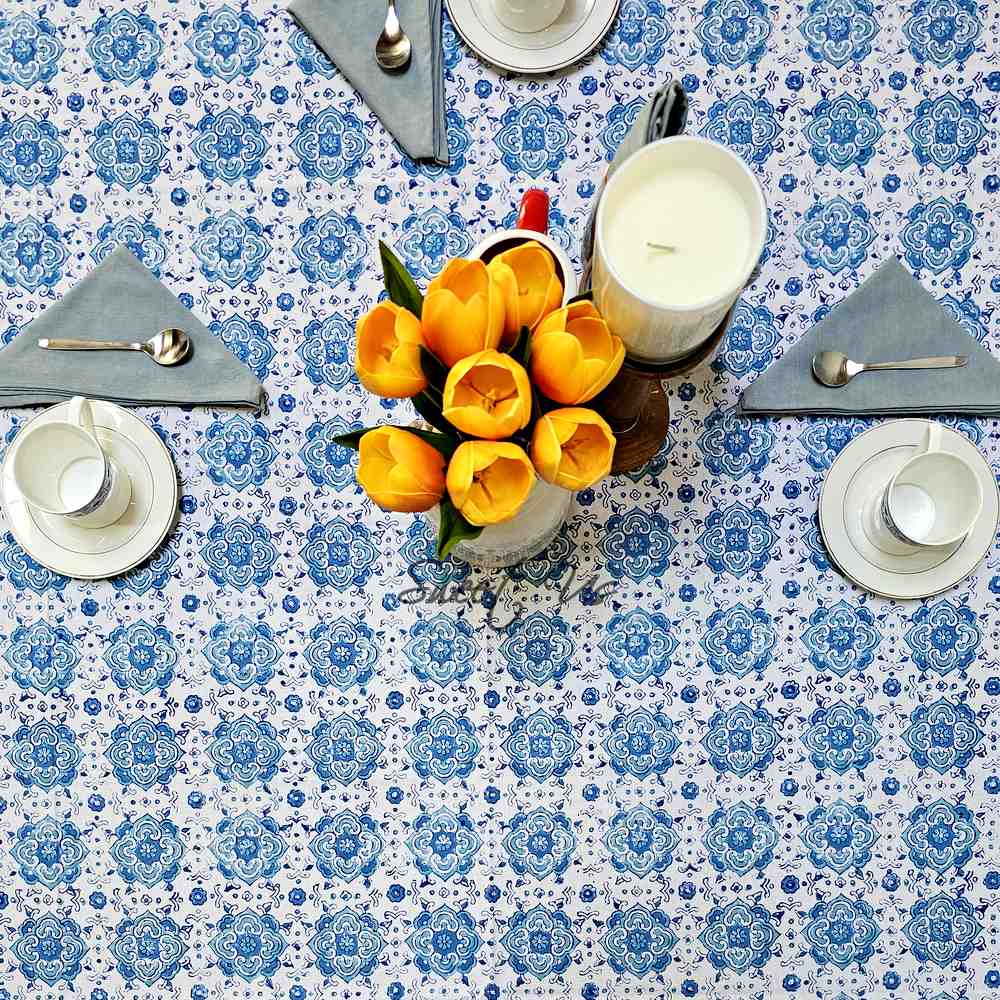 Cotton Springtime Splendor Tablecloth Collection, Ice Blue