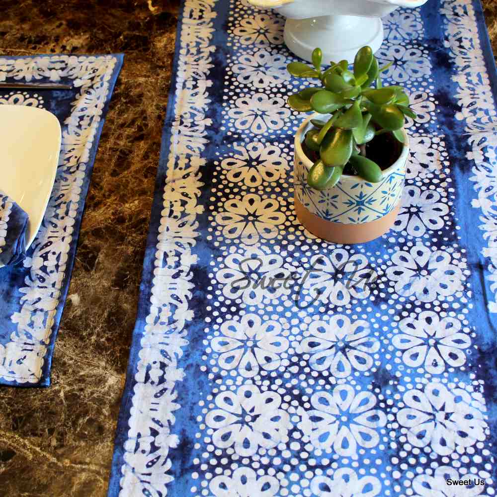 Batik Bloom Cotton Floral Tablecloth Rectangle, Round, Square, Shadow Blue