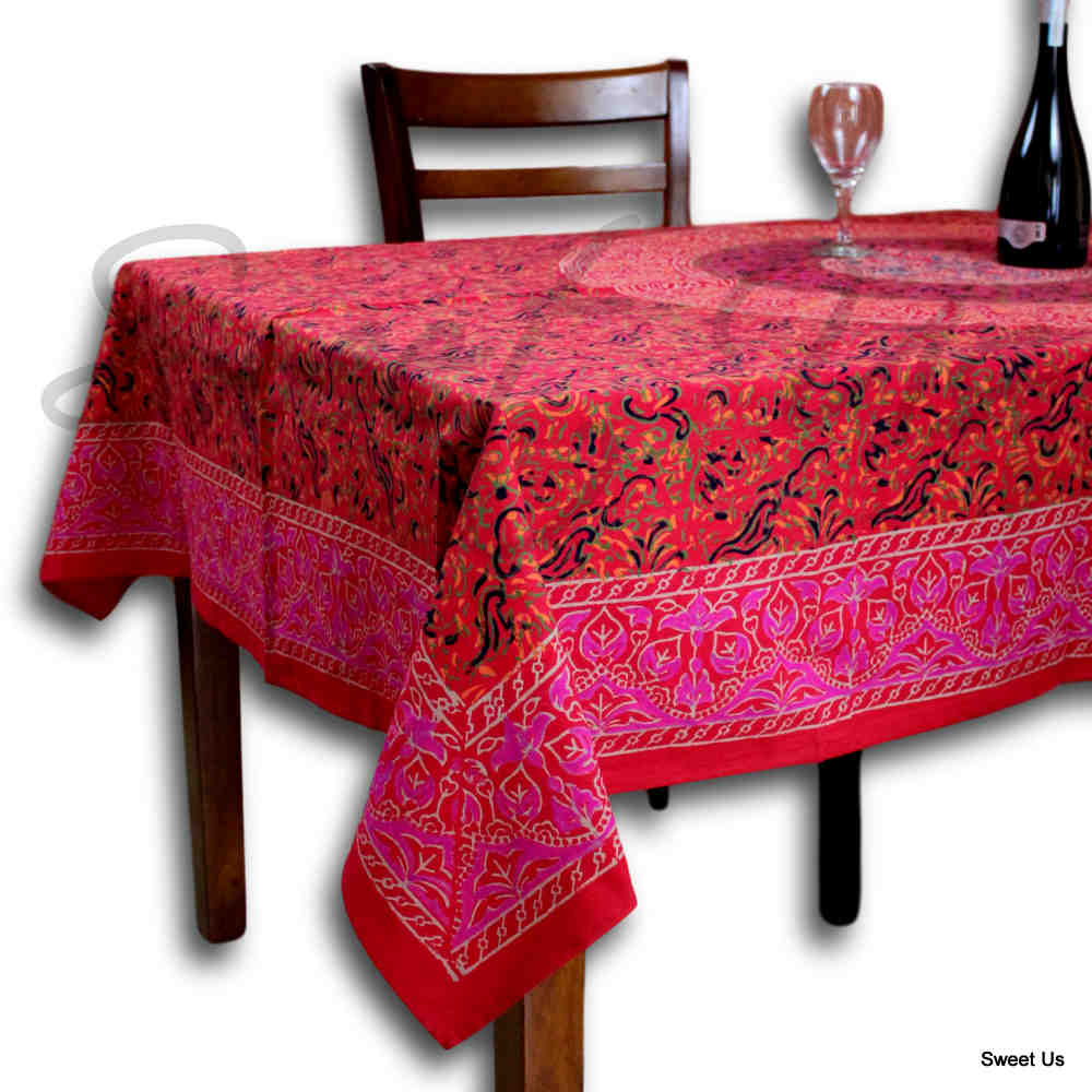Block Print Tablecloth Rectangle Square Round Tables Floral Sanganer Cotton Red - Sweet Us