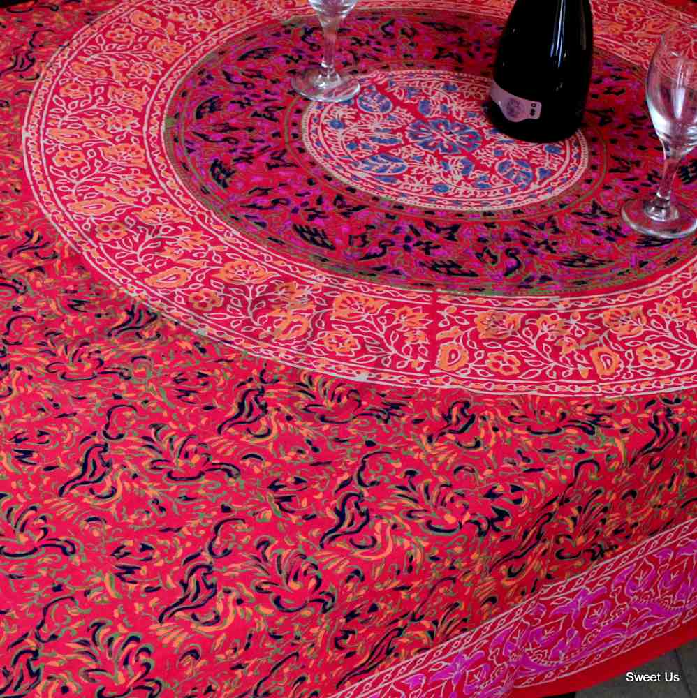Block Print Tablecloth Rectangle Square Round Tables Floral Sanganer Cotton Red - Sweet Us