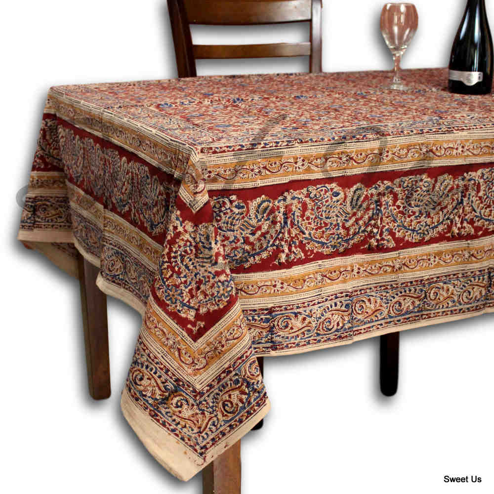 Vegetable Dye Hand Block Print Floral Cotton Round Tablecloth 60x90 60x60 Red - Sweet Us