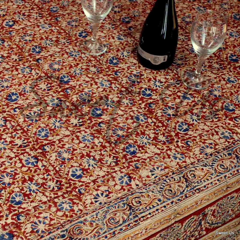 Vegetable Dye Hand Block Print Floral Cotton Round Tablecloth 60x90 60x60 Red - Sweet Us