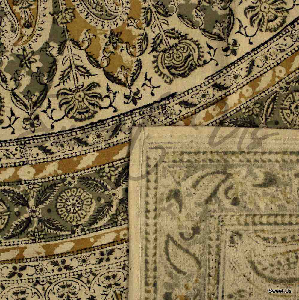 Vegetable Dye Hand Block Print Floral Cotton Round Tablecloth 60x90 60x60 Green - Sweet Us