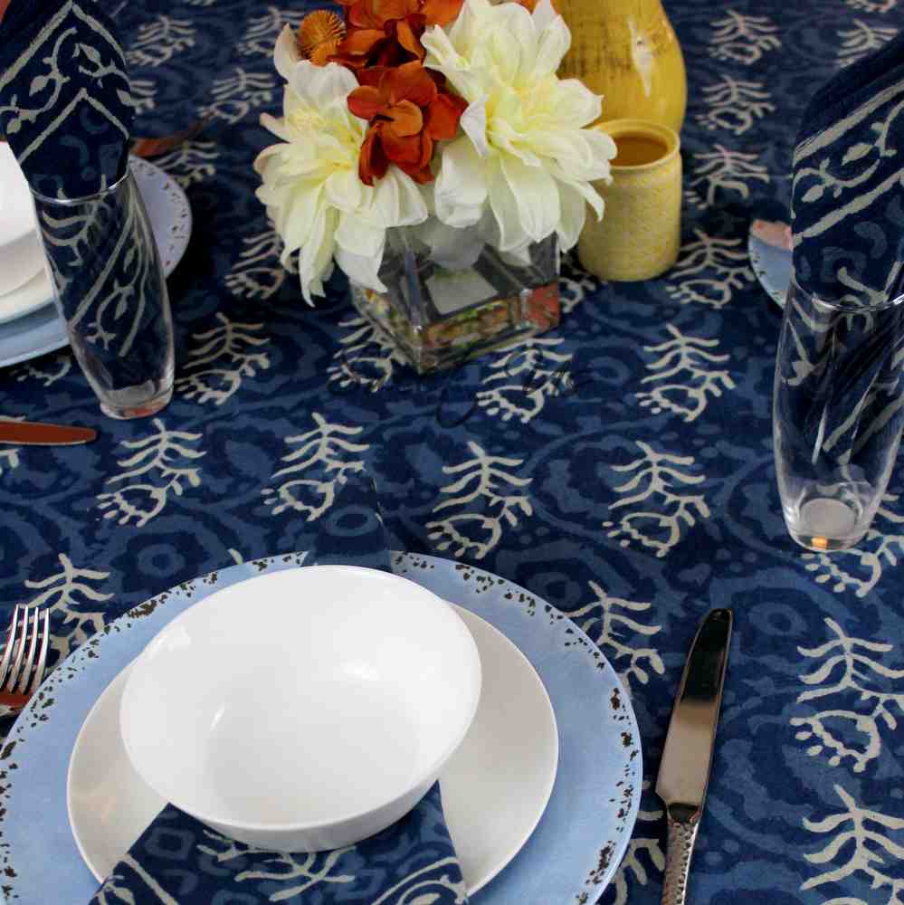 Chiara Block Print Tablecloth Rectangle, Table Linen Collection, Indigo Blue