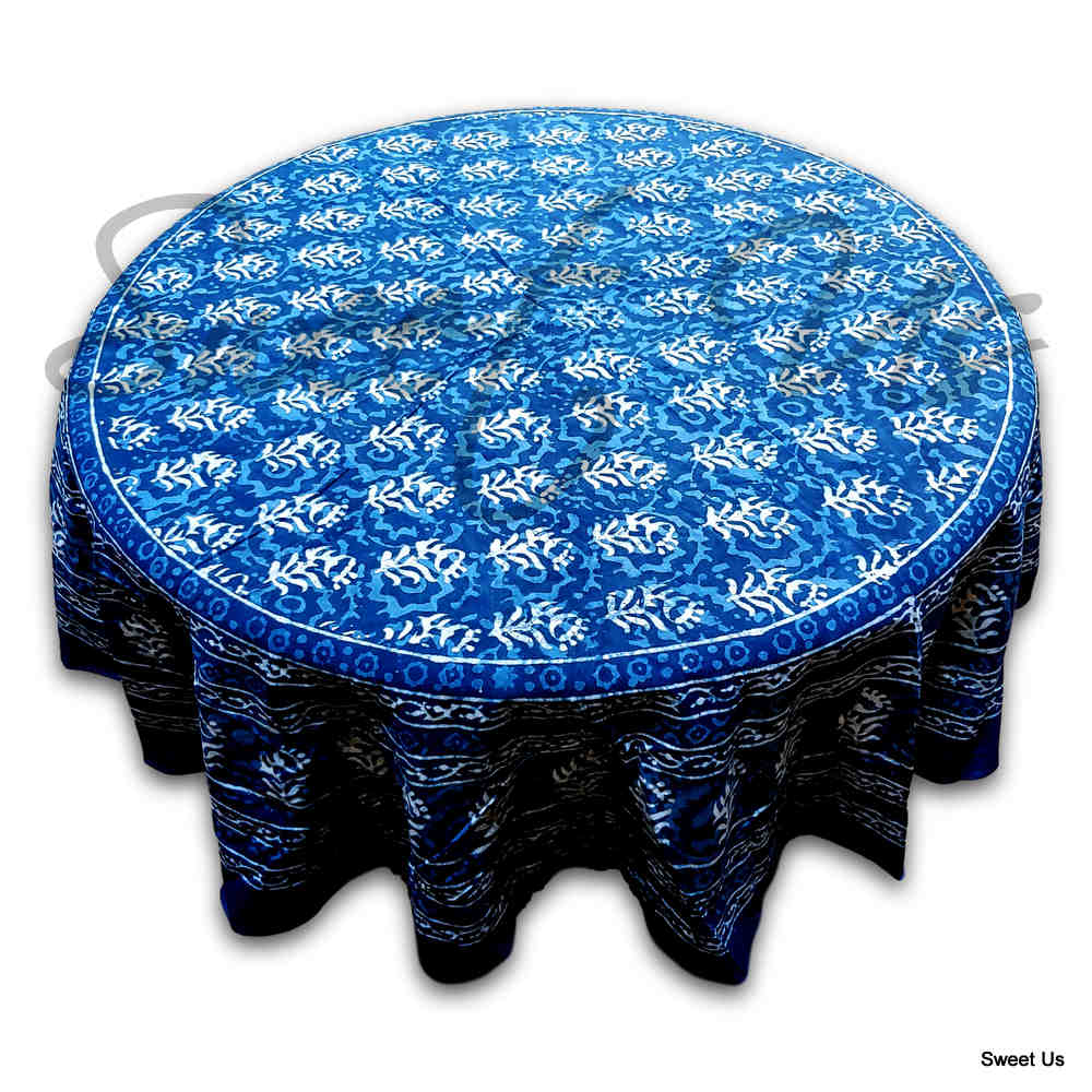 Block Print Tablecloth for Rectangle Square Round Tables Dabu Cotton Indigo Blue - Sweet Us