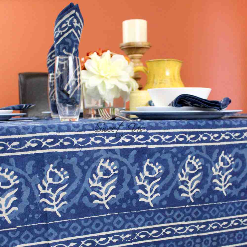Chiara Block Print Tablecloth Rectangle, Table Linen Collection, Indigo Blue