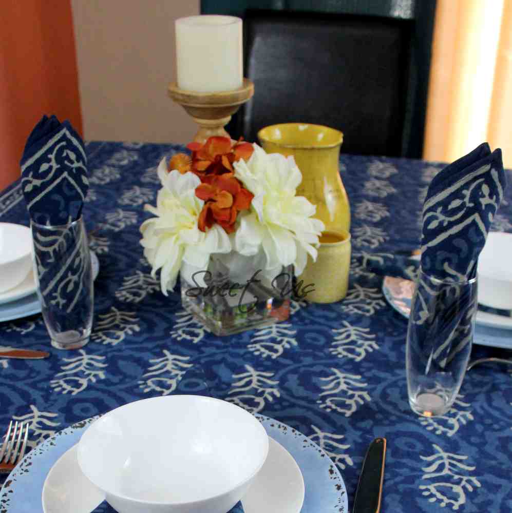 Chiara Block Print Tablecloth Rectangle, Table Linen Collection, Indigo Blue