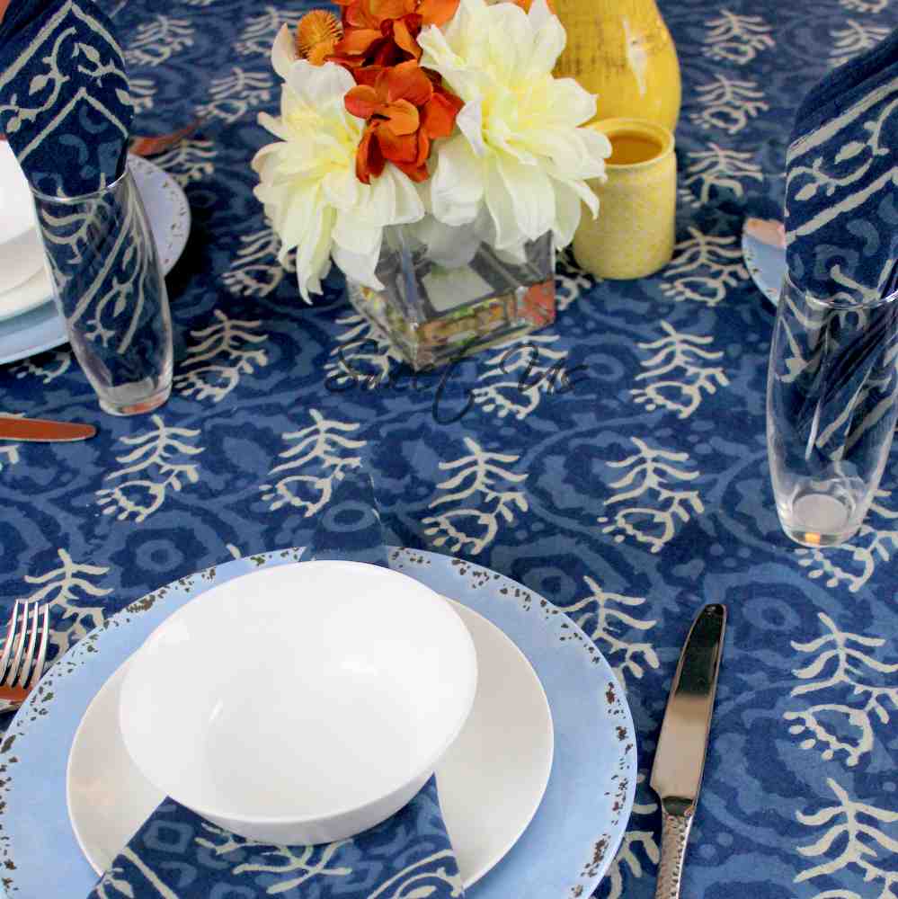 Chiara Block Print Tablecloth Rectangle, Table Linen Collection, Indigo Blue