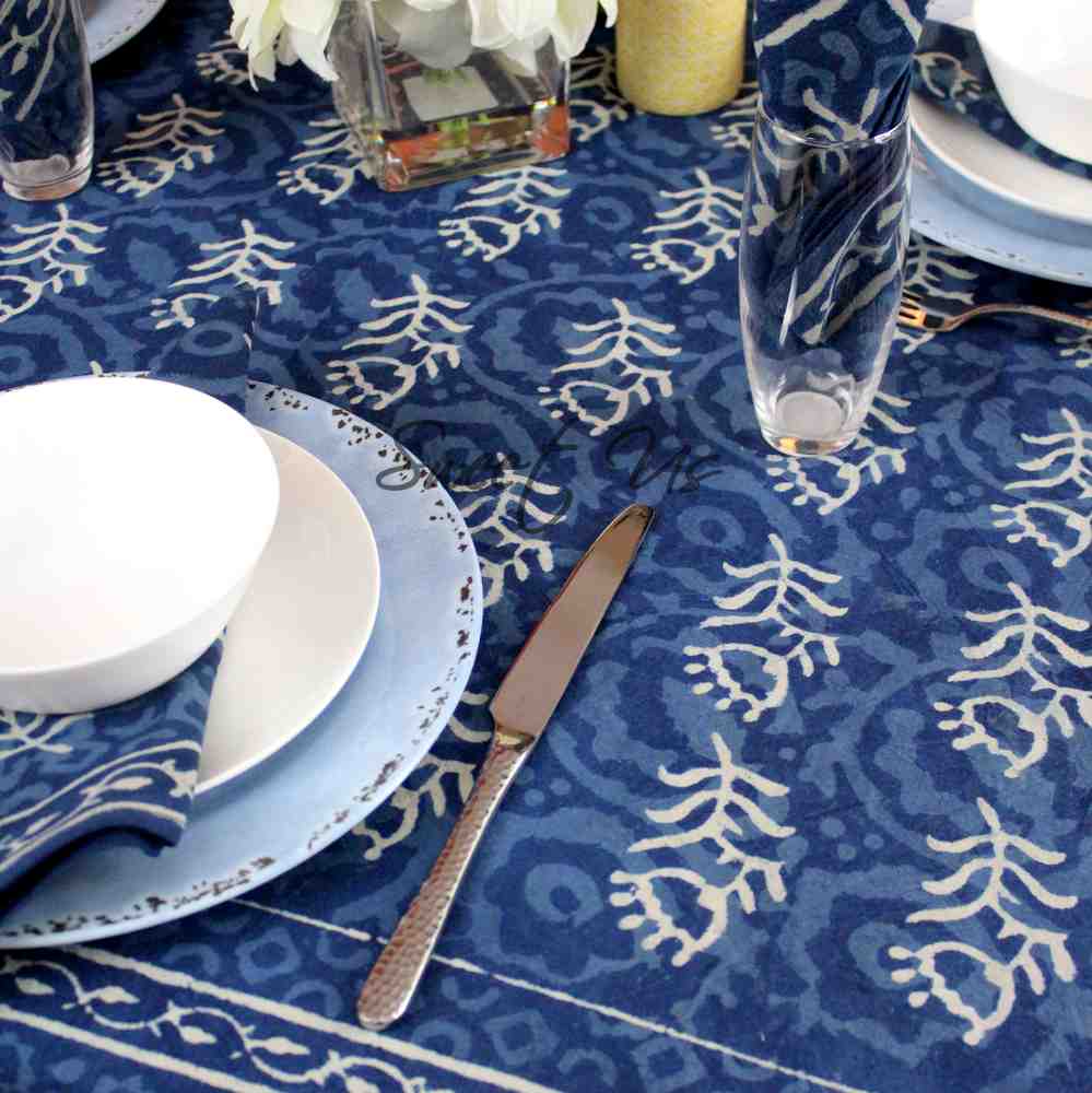 Chiara Block Print Tablecloth Rectangle, Table Linen Collection, Indigo Blue