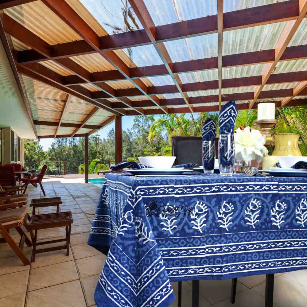 Chiara Block Print Tablecloth Rectangle, Table Linen Collection, Indigo Blue - Sweet Us