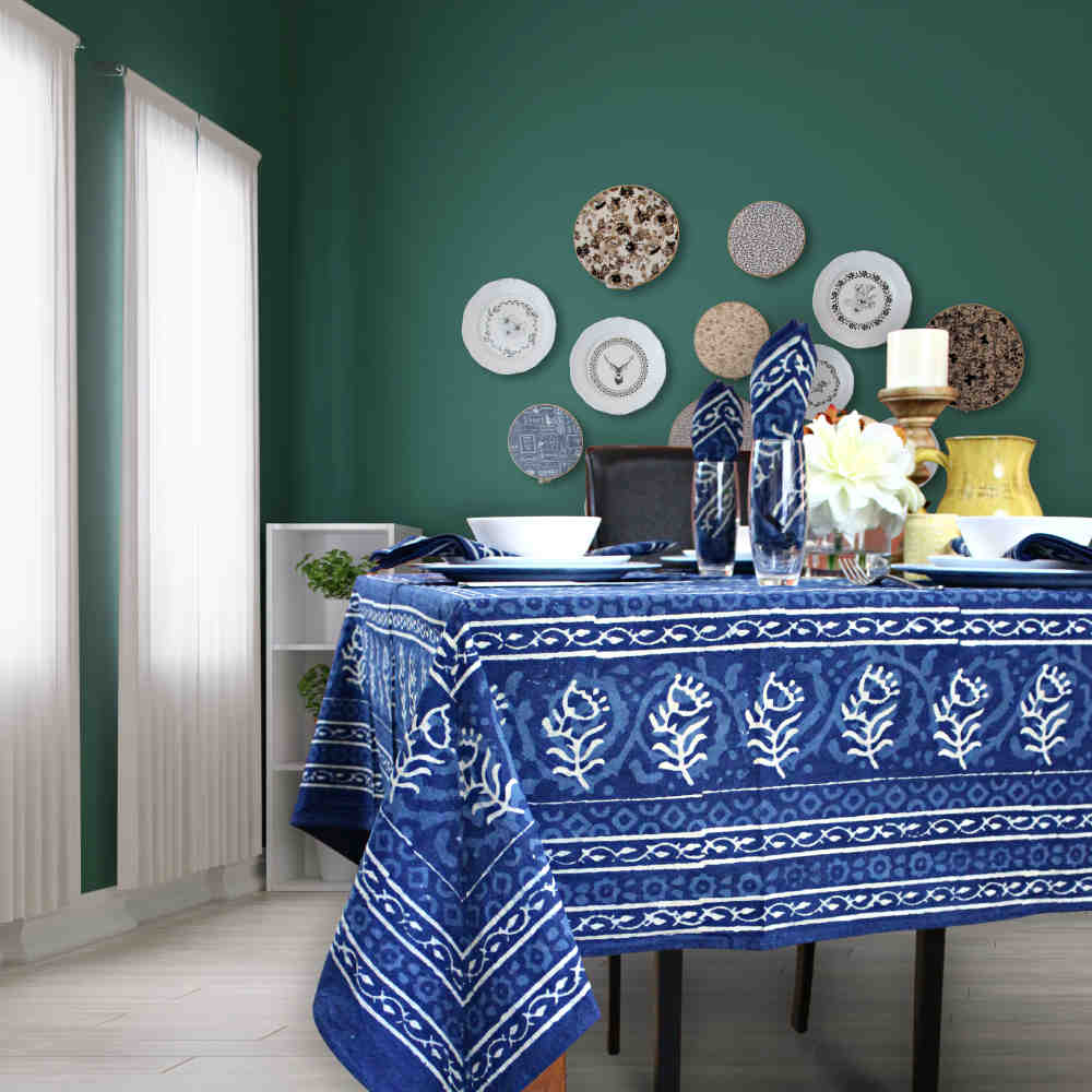 Chiara Block Print Tablecloth Rectangle, Table Linen Collection, Indigo Blue - Sweet Us